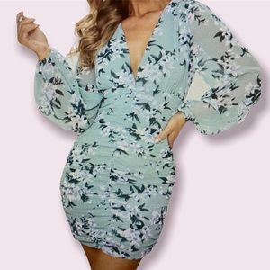 Sage Green Floral Print Chiffon Ruched Long Sleeve Midi Dress.